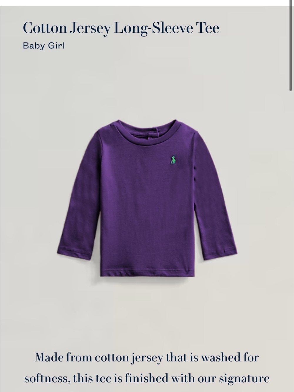 Ralph Lauren Girls 18M Purple Cotton Jersey Long Sleeve Crew Neck Pony Tee